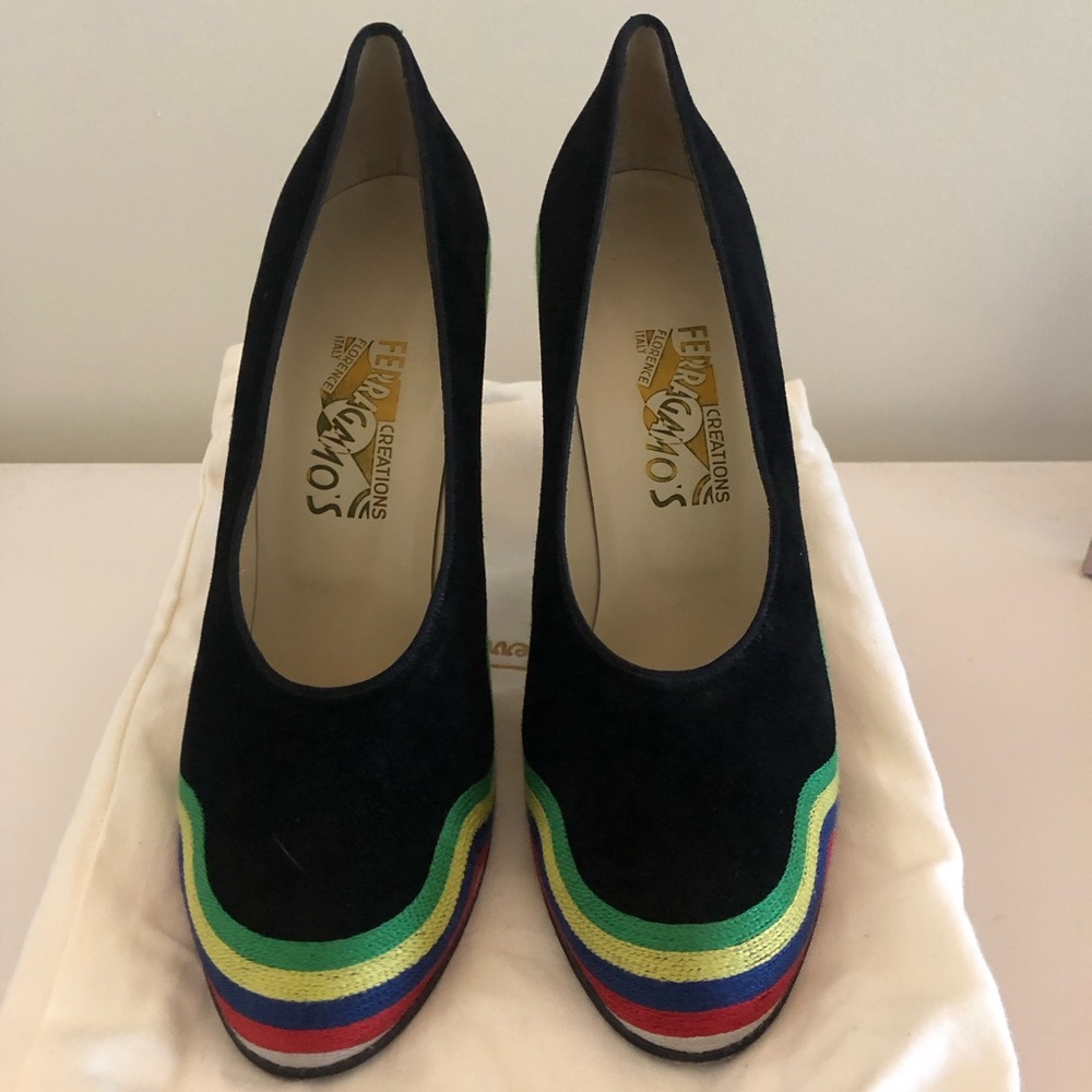 Salvatore Ferragamo Black Heels with Multicolor Stripes